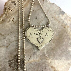 Sterling Silver 925 Hammered Heart Stamped “Fool 4 ♥︎” Love Pendant Necklace 18"